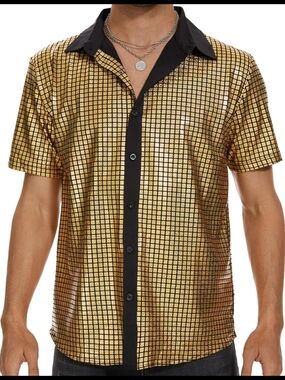 Men's Metallic Gold Short-Sleeve Button-Down Shirt with Black Trim